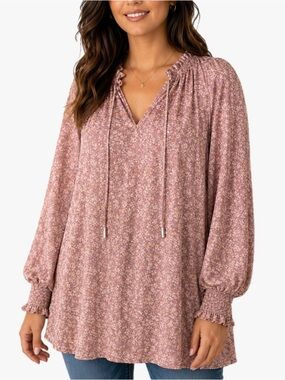 Ellos Plus Size 18 Floral Tunic Blouse Boho Peasant Top Pink Long Sleeve Light